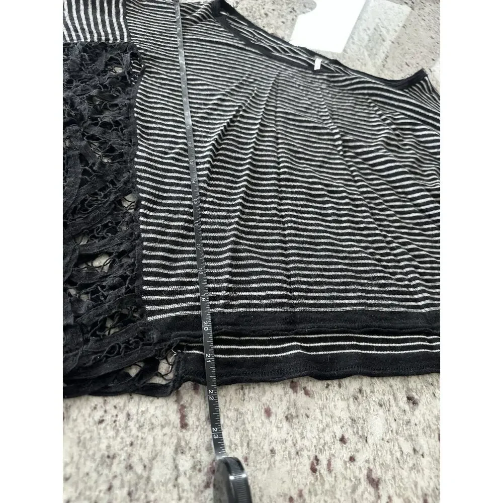 Free People Black White Striped Knit Lace Trim Scoop Neck Dolman Tunic L